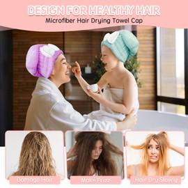 Kldnkig Microfiber Hair Drying Caps, 5-Pack Extra Soft and Ultra Absorbent Fast-Drying Hair Turban Wraps, Shower Caps for Girls and Women with Cute Bowtie Design