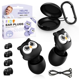 Kids Earplugs – Cute Owl Design, 26dB Noise Reduction, Reusable Silicone, 4 Sizes (XS/S/M/L), Ideal for Travel, Study, Concerts, Sleep, Includes Silicone Cord & Portable Case, Safe for Ages 5+