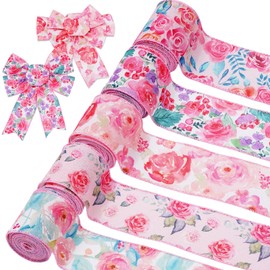 AnyDesign 5 Rolls Spring Summer Floral Wired Edge Ribbon Watercolor Rose Flower Pattern Ribbon 2.5 Inch Pink Flower Decorative Fabric Craft Ribbon for Gift Wrapping Decor Hair Bow Sewing Wreath Crafts