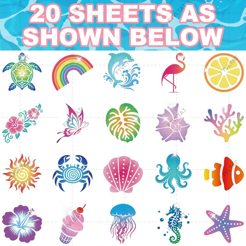 FTVLTAT 20 Sheets Glitter Ocean Animal Temporary Tattoos, Shimmering Sea