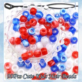 NAISKA 90Pcs Red Blue White Hair Beads for Kids Girls Cheer Hair Beads for Braids Cute Beads for Kids Hair Acrylic Gradient Dreadlock Beads Small Pony Beads Loc Beads Jewelry Accessories