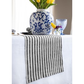 Solino Home Linen Table Runner 144 Inches Long - Amalfi Stripe, 100% Pure Linen Black and White Table Runner 14 x 144 Inch for Dining, Summer
