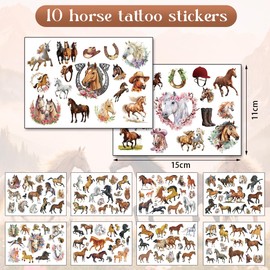 Horse Tattoos 10 Sheets, Horse Gifts for Girls from 5 6 7 8 9 10 11 12 Years, Children's Tattoos Party Bag Children's Birthday, Horse Costume, First Day of School Gift, School Cone Filling, First Day of School Decoration