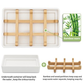 Bamboo Soap Dishes for Shower Wooden Soap Bar Holder for Bathroom Soap Tray Easy to Clean, Durable and with Non-Slip Pads(Single White Square)