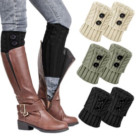 KEYRI 3 Pairs Leg Warmers for Women, Winter Warm Boot Cuffs Twist Knitted Leg Warmers Soft Ankle Warmers Boot Topper Socks for Girls Ballet Dance Yoga Ice Skating (Black+ Gray+ Beige, One Size)