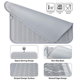 Silicone Dish Drying Mat, Heat-Resistant Silicone Mat, Non-Slip Easy Clean Sink Mat for Kitchen Counter, Sink, Refrigerator, or Drawer Liner - Eco-Friendly and Durable Design, Grey 18*16inch