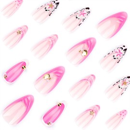 Spring Press on Nails Medium Almond Fake Nails with 3D Pearl Shell Charms Designs French Tip Nails Press ons Flower Acrylic Nails Pink False Nails Nude Stick on Nails for Women 24Pcs