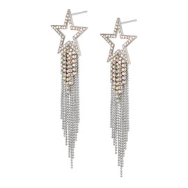 EVER FAITH Star Tassel Earrings for Women Girls, Crystal Long Waterfall Beaded Fringe Holiday Chandelier Dangle Drop Statement Earrings Costume Jewellery Iridescent AB Silver-Tone