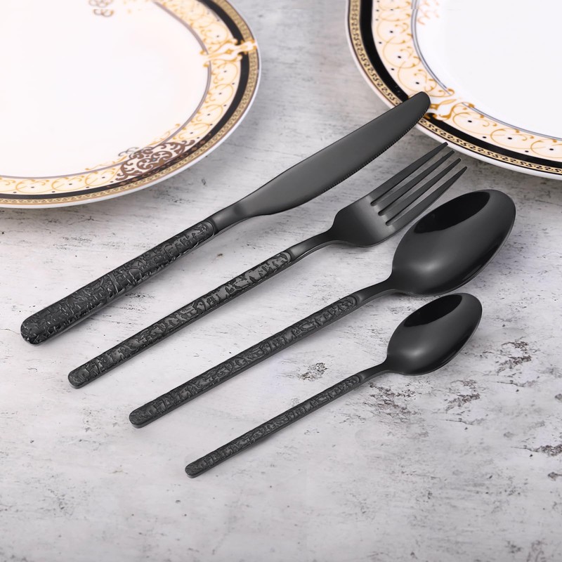 24 Pcs Black Hammered Silverware Set Service for 6,Stone Pattern