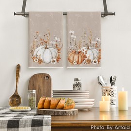 Artoid Mode Grey Pumpkin Fall Kitchen Towels Dish Towels, 18x26 Inch Farmhouse Flowers Wildflower Decoration Hand Towels Set of 2