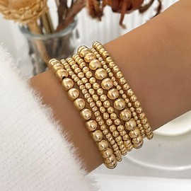 CSIYANJRY99 Gold Beaded Bracelets for Women Stackable Stretch Bead Bracelet Set 14k Gold Bracelet Stack Pack (Style F-7Pcs Big Small Beads Gold)