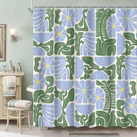 DeeCabin Boho Abstract Colorful Floral Shower Curtain, Vintage Retro Patchwork Blue Green Flower Botanical Geometric Aesthetic Groovy Bathroom Decor Shower Curtain Set with 12 Hooks, 70X85IN