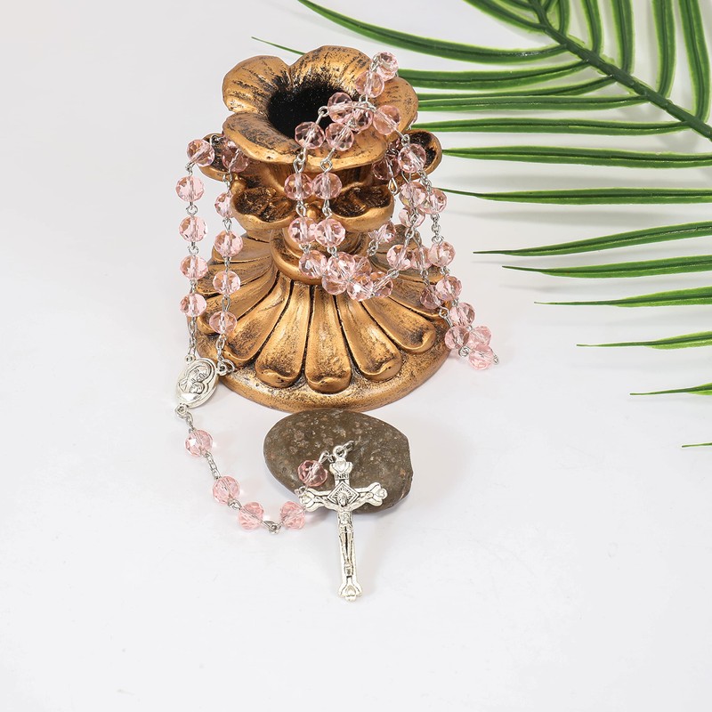 Nazareth Store Light Pink Crystallized Beads Rosary Necklace Holy Soil