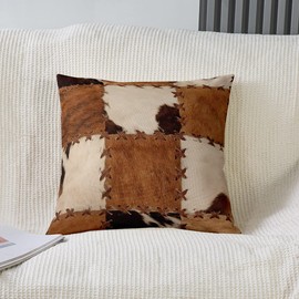 Cowhide Throw Pillow Covers 16x16 Set of 2, Patchwork Cow Fur Print Decorative Square Pillow Cases For Home Sofa Couch, Farm Animal Pillow Covers, Western Cowboy Farmhouse Cushion Covers, Brown White