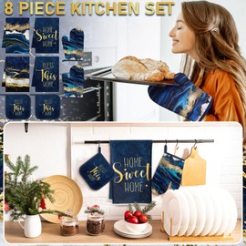 Leinuosen 8 Pcs Kitchen Towels and Dishcloths Sets Oven Mitts and Pot Holders Sets Absorbent Kitchen Gloves Potholders Heat Resistant for Chef Baking Cooking(Blue,Marble)