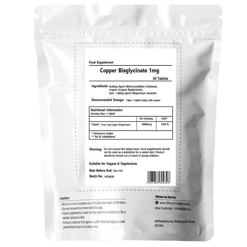 UKHealthHouse Copper Bisglycinate 1mg - Tablets 1,000mcg Mineral Supplement Immune