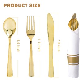30Packs Pre Rolled Gold Plastic Silverware - Premium Pre Rolled Gold Plastic Cutlery Set with Napkin, Disposable Pre Rolled Napkin and Cutlery Set of 30Forks, 30Knives, 30Spoons, 30Napkins for Party