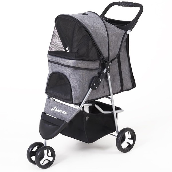 Pushchair for Dogs, Cats, Animals, Foldable Transport Box with 3 Wheels, Storage Basket, 47 x 65 x 100 cm (Grey)