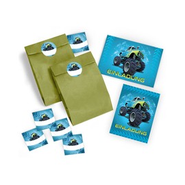 12 Invitation Cards Birthday Children Boy Monster Truck Including 12 Envelopes, 12 Bags / Green, 12 Stickers/Monster Truck/Car/Invitations for Children's Birthday Party for Boys
