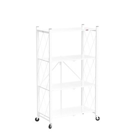 DEANIC 4 Tier Foldable Storage Shelves with Wheels, Large Capacity Shelving Unit, Freestanding Metal Wire Shelf Rack, No Assembly Organizer Rack for Garage Kitchen, Basement, Pantry(White)