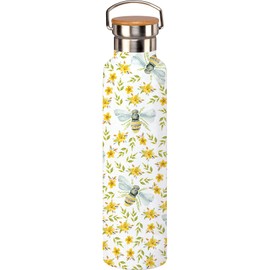 Primitives by Kathy Insulated Stainless Steel Water Bottle - from our Garden Collection, featuring all-over watercolor bee & floral designs, an engraved logo on the bamboo lid, holds 25 OZ