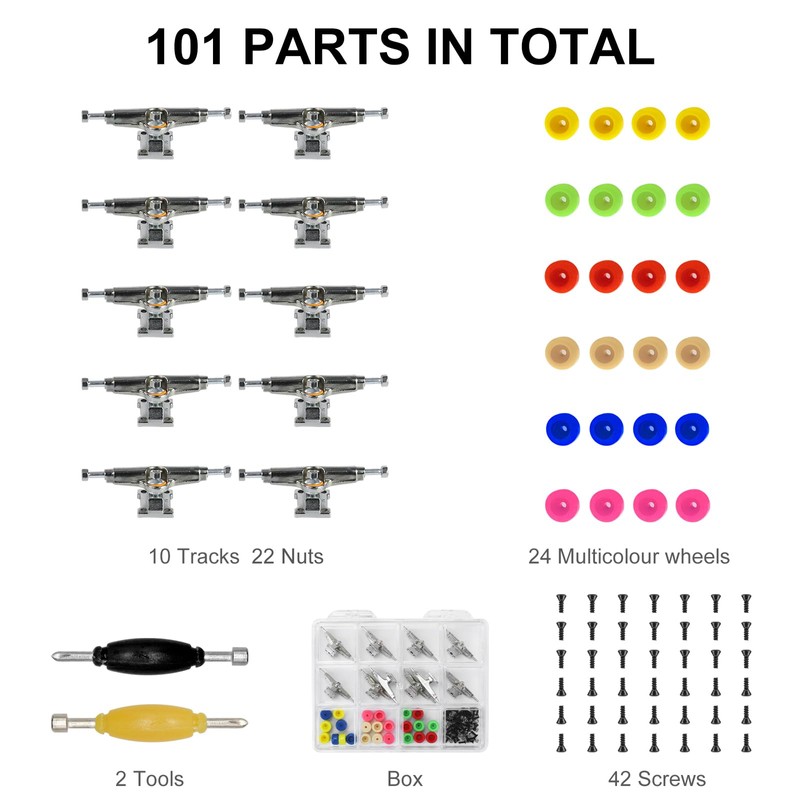 DisplayMore 101PCS 33MM Ultra-Professional Extended Fingerboard Trucks & Multicolor Bearingless