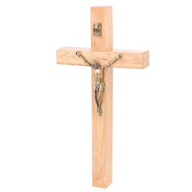 Garneck Christian Wood Wall Cross Wall Mounted Crafts Hanging Zinc Alloy Jesus Christian Cross Gift Wall Decoration for Home (Wood Color)