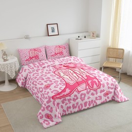 Manfei Western Cowgirl Comforter Set Full Size, Pink Cowboy Hat Boots Bedding Set 3pcs for Kids Girl Bedroom Decor, Pink Leopard Print Down Comforter Soft Polyester Quilt Set with 2 Pillowcases