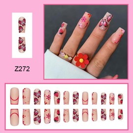 Red Butterfly Press on Nails Long Square Fake Nails Flowers Strawberry Designs False Nails Full Cover Matte Glue on Nails Acrylic Coffin Artificial Nails Stick on Nails for Women Girls 24Pcs