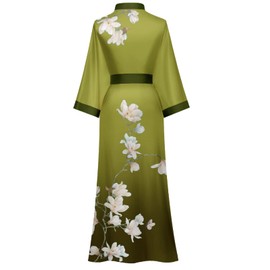 Women's Long Kimono Robe Floral Bathrobe Gradient Watercolor Silky Satin Robes Sleepwear Nightgown Cardigan
