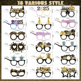 Wentsent Pack of 18 New Year's Eve Glasses 2025 New Year's Eve Party Decoration Happy New Year Funny Paper Party Glasses Photo Box Accessories for Adults Children New Year Decoration 2025 Photo Booth