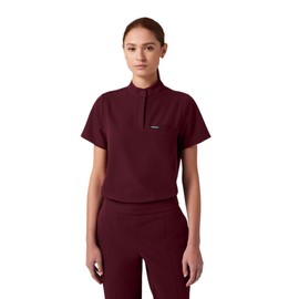 Jaanuu Savi Women's 1-Pocket Classic Banded Collar Scrub Top - Burgundy M