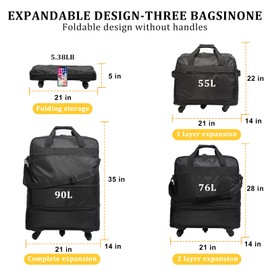 Suitcases with Wheels, Expandable Foldable Luggage Bag, Collapsible Rolling Travel Bag for Men Women, Lightweight Duffel Bag with Spinner Wheel