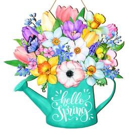 Seeloowy Spring Door Decor Happy Spring Sign 11.81 x 11.81 Inch Flower Welcome Wreaths for Front Door Rustic Wooden Decorations for Easter Party Home Outdoor Indoor Decor