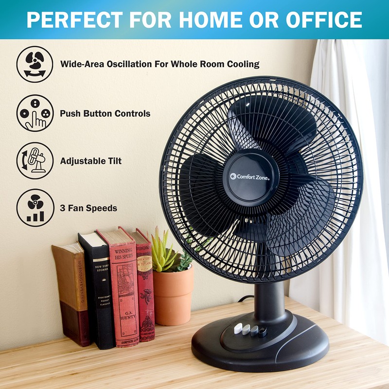 Comfort Zone Oscillating Table Fan with Adjustable Tilt, Convenient Push