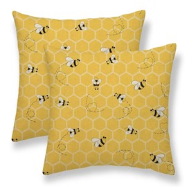 Summer Bee Pillow Covers 16x16 Set of 2, Yellow Bees Honeycomb Decorative Throw Pillows Farmhouse Linen Outdoor Seasonal Cushion Case for Couch Sofa Home Decor