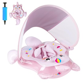 NYOBABE Unicorn Baby Swimming Float for 6-36 Months,Inflatable Baby Pool Float With Anti-Flip Tail & UPF50+ Sun Canopy,Baby Swim Ring for 6 9 12 18 24 36M,Adjustable Waist Baby Neck Float Ring Pink L