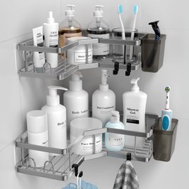 Corner Shower Caddy: 2 Pack Adhesive Shelf Decor - No Drilling Stainless Steel Storage Rack with Hooks and Toothpaste Holder - Bath Accessories