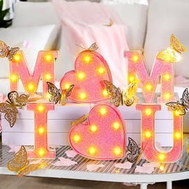 Honoson 6 Pcs Mother's Day LED Lights Light up Letters Mom Sign Battery Powered Heart Light up Letters with 12 Gold Butterflies for Mom Party Decor Night Home Family Supplies(Pink)