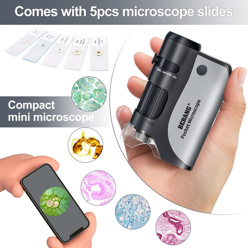 BEBANG 60x-120x Pocket Microscope, Handheld Mini Microscope for Kids with