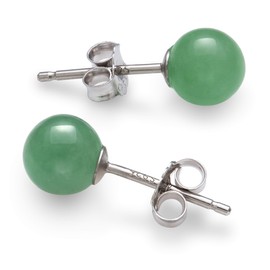 Sterling Silver Natural Green Jade Round Stud Earrings (6mm)