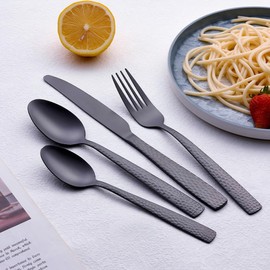 Matte Black 24 Pcs Silverware Flatware Set of 6, FULLYWARE Stainless Steel Hammered Tableware Cutlery Set, Includes Fork Spoon Knife for Home Kitchens, Dishwasher Safe