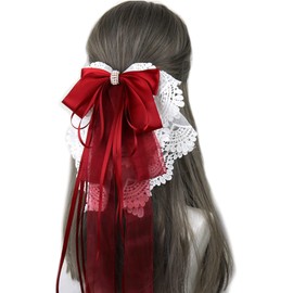 A'sTool Ribbon Hair Ornament, Large Ribbon, Barrette, Hair Accessory, Gothic Lolita, Lace, Hair Access, Dress, Red, Pink, Blue, Black, White, Green (Red 2)