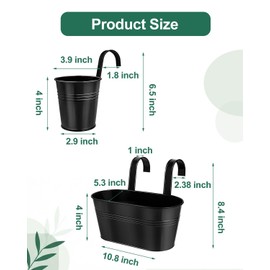 4 Pcs 10.8” Metal Railing Planter for Outdoor Plants – 4 Pcs 3.9” Balcony Hanging Flower Pots with Detachable Hooks, Drainage Holes, Oval Bucket Rail Box Fence Planters for Home Garden Décor, Black