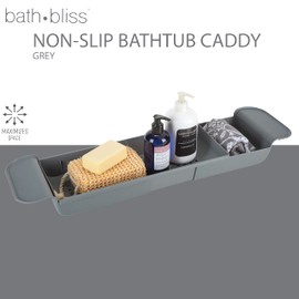Bath Bliss Expandable Bathtub Caddy | Non-Slip | Over The Tub | 21-27 inch | Tub Tray | Bathroom Storage and Organizer | Shelf | Hold Soaps and Towels | Grey