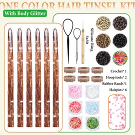 Brown Hair Tinsel Kit With Body Glitter 48 Inch 3000 Strands Glitter Tinsel Hair Extensions With Tools Fairy Hair Accessories, Suitable for Festivals and Daily Use (Coffee Brown Hair Tinsel Kit)