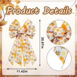 Threetols Large Fall Bow for Wreath, Autumn Orange Harvest Wreath Bows Maple Leaf Pimpkin Bow for Front Door, Farmhouse Ornament Tree Topper Bows for Thanksgiving Indoor Outdoor Decoration