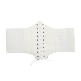 Borsgye Leather Elastic Waist Belts Womens Vintage Lace-up Corset Cinch Waist Band Waspie Elastic Retro Tied Wide Belt Bandage Elasticity Girdle Wrap for Costume - White