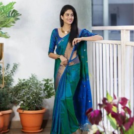 KNETLI Saree for Women Indian Traditional Lichi Silk Blue Green Color Champion Zari Saree for Women's With Unstitched Blouse