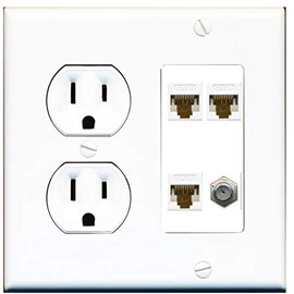15 Amp Round Power Outlet 3 Port Cat6 Ethernet 1 Coax Cable TV Wall Plate